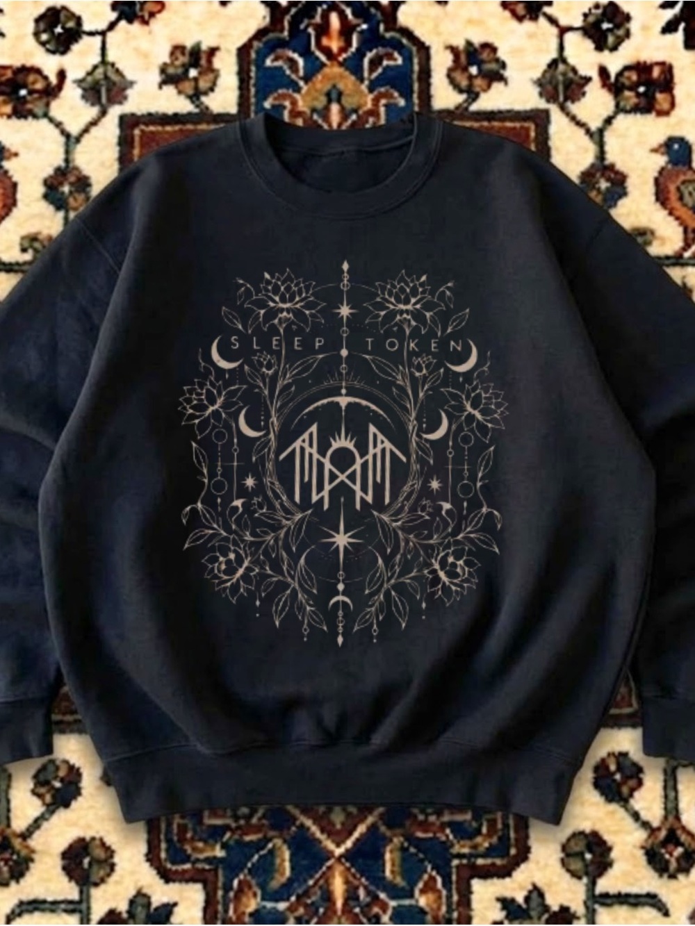 Gildan Black Crewneck Sweatshirt with Beige Floral Moon Graphic